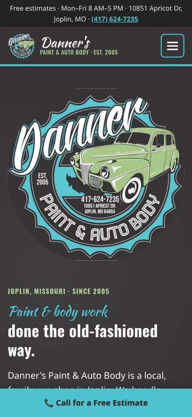 Home page of the Danner's Paint & Auto Body demo site on a phone